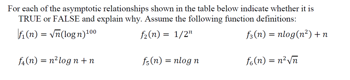 For each of the asymptotic relationships shown in the table below indicate whether it is
TRUE or FALSE and explain why. Assume the following function definitions:
i (n) = vn(log n)100
f2(n) = 1/2"
f3(n) = nlog(n²) + n
f.(n) = n² log n + n
fs(n) = nlog n
fo(n) = n²Vn
