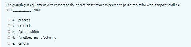 The grouping of equipment with respect to the operations that are expected to perform similar work for part families
need
_layout
O a. process
O b. product
O. fixed-position
O d. functional manufacturing
O e cellular
