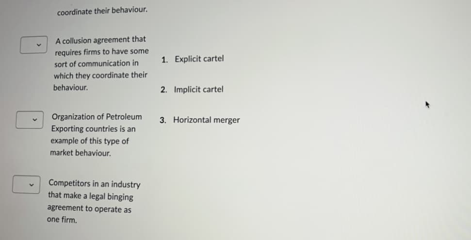 coordinate their behaviour.
A collusion agreement that
requires firms to have some
sort of communication in
which they coordinate their
behaviour.
Organization of Petroleum
Exporting countries is an
example of this type of
market behaviour.
Competitors in an industry
that make a legal binging
agreement to operate as
one firm.
1. Explicit cartel
2. Implicit cartel
3. Horizontal merger