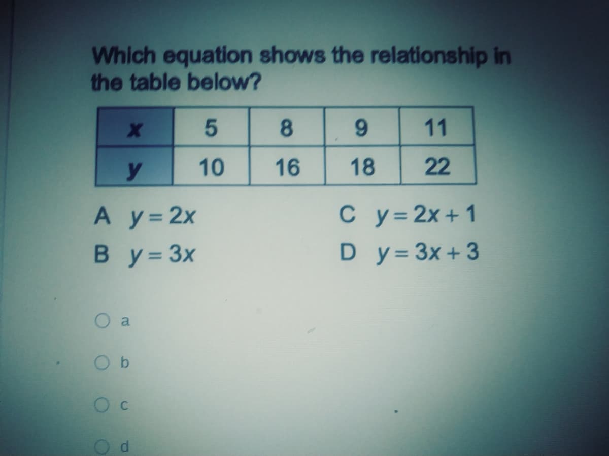 Which equation shows the relationship in
the table below?
8.
9.
11
10
16
18
22
A y=2x
C y= 2x + 1
В у 33х
D y=3x+ 3
a
O b
