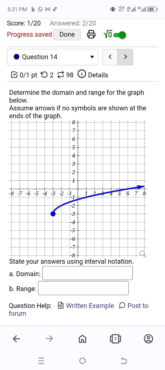 5:31 PM b Ma
Score: 1/20
Answered: 2/20
Progress saved Done 8
Question 14
D
0/1 pt 2 98
Details
108 461 4064
<
>
Determine the domain and range for the graph
below.
Assume arrows if no symbols are shown at the
ends of the graph.
8
7
6
5-
4
3
2
1
5
6 7 8
F-1
-2
-8 -7 -6 -5 -4 -3 -2 -1.
-3
4
-5
-6
-7
-8
State your answers using interval notation.
a. Domain:
b. Range:
Question Help: Written Example Post to
forum
↓
=
↑
O
@