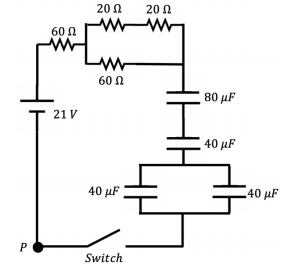 20Ω
20 Ω
60 Ω
60 Ω
80 μF
21 V
40 μF
40 μF.
40 μF
P
Switch
