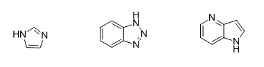 ### Nitrogen-Containing Heterocyclic Compounds

Heterocyclic compounds are a class of organic compounds that contain a ring structure composed of at least one atom other than carbon. Nitrogen-containing heterocycles are particularly significant in biochemistry and pharmacology. Below are the structures of three important nitrogen-containing heterocyclic compounds:

1. **Imidazole**: 
   - **Structure Description**: Imidazole consists of a five-membered ring with three carbon atoms and two nitrogen atoms. One nitrogen atom is bonded to a hydrogen atom.
   - **Chemical Formula**: C3H4N2

2. **Benzimidazole**:
   - **Structure Description**: Benzimidazole is made up of a fused ring system containing a benzene ring (six-membered, with three double bonds) linked to an imidazole ring. One nitrogen atom in the imidazole ring is bonded to a hydrogen atom.
   - **Chemical Formula**: C7H6N2

3. **Indole**:
   - **Structure Description**: Indole features a fused ring system similar to benzimidazole, but with a six-membered benzene ring attached to a five-membered ring that contains one nitrogen atom. The nitrogen atom in this ring is bonded to a hydrogen atom.
   - **Chemical Formula**: C8H7N

### Visual Representation

1. **Imidazole**:
   - The imidazole ring is shown with alternating double bonds, and the two nitrogen atoms are positioned at intervals within the five-membered ring.
   - ![Imidazole ring](https://upload.wikimedia.org/wikipedia/commons/b/bf/Imidazole.png)

2. **Benzimidazole**:
   - This compound displays a benzene ring fused to a five-membered imidazole ring. The imidazole portion is shown with alternating double bonds and a nitrogen atom bonded to hydrogen.

3. **Indole**:
   - The indole structure includes a benzene ring fused to a five-membered ring containing a nitrogen atom bonded to hydrogen.

These heterocyclic compounds are fundamental in various biological processes and are key components in many pharmaceuticals. Understanding their structure is crucial for the study of organic chemistry and pharmacology.