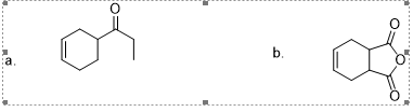 ### Title: Carvone Chemical Structures in Organic Chemistry

#### Figure 1: Chemical Structures of Carvone Derivatives
1. **Structure a: Carvone**
   - Carvone is a member of the family of terpenoids and is a key component found in essential oils such as spearmint and caraway. Chemically, it is classified as a monoterpene. 
   - The structure (a) in the diagram represents a cyclic ketone. The benzene ring indicates the presence of an aromatic compound with a single attached carbon-carbon double bond. This forms part of the characteristic feature of carvone, giving it its distinct aromatic scent responsible for the fragrance in natural products.

2. **Structure b: Carvone Oxide**
   - Carvone oxide is a derivative of carvone, created through oxidation processes. 
   - The structure (b) consists of a six-membered carbon ring with oxygen atoms double-bonded to two separate carbon atoms within the ring, indicating the presence of several functional groups, illustrated by two ketone groups (C=O) on either side of the ring.

### Description of Structures:
- These two diagrams display variances in the molecular structure, emphasizing the transformation from carvone (a) into its oxidized counterpart (b). 
- The first structure (a) highlights the simple ketone cyclic structure, whereas the second structure (b) shows a more elaborate structure with additional oxygen atoms, illustrating the chemical changes that occur during oxidation processes.

### Educational Significance:
- Understanding these structures is crucial due to their applications in various fields such as perfumery, flavoring, and potentially in pharmaceuticals for their aromatic properties.
- These visual representations help students and researchers comprehend the chemical transformations and properties of essential oil components.

These diagrams are employed in educational contexts to help elucidate the complexity of chemical transformations involving natural compounds.