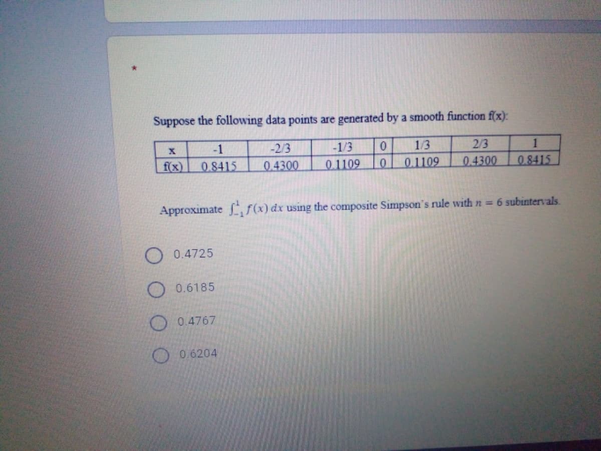 Suppose the following data points are generated by a smooth function f(x):
-1
-2/3
-1/3
1/3
2/3
1
f(x)
0 8415
04300
01109
01109
0.4300
0.8415
Approximate s(x) dr using the composite Simpson's rule with n = 6 subintervals.
0.4725
O0.6185
0.4767
0 6204
