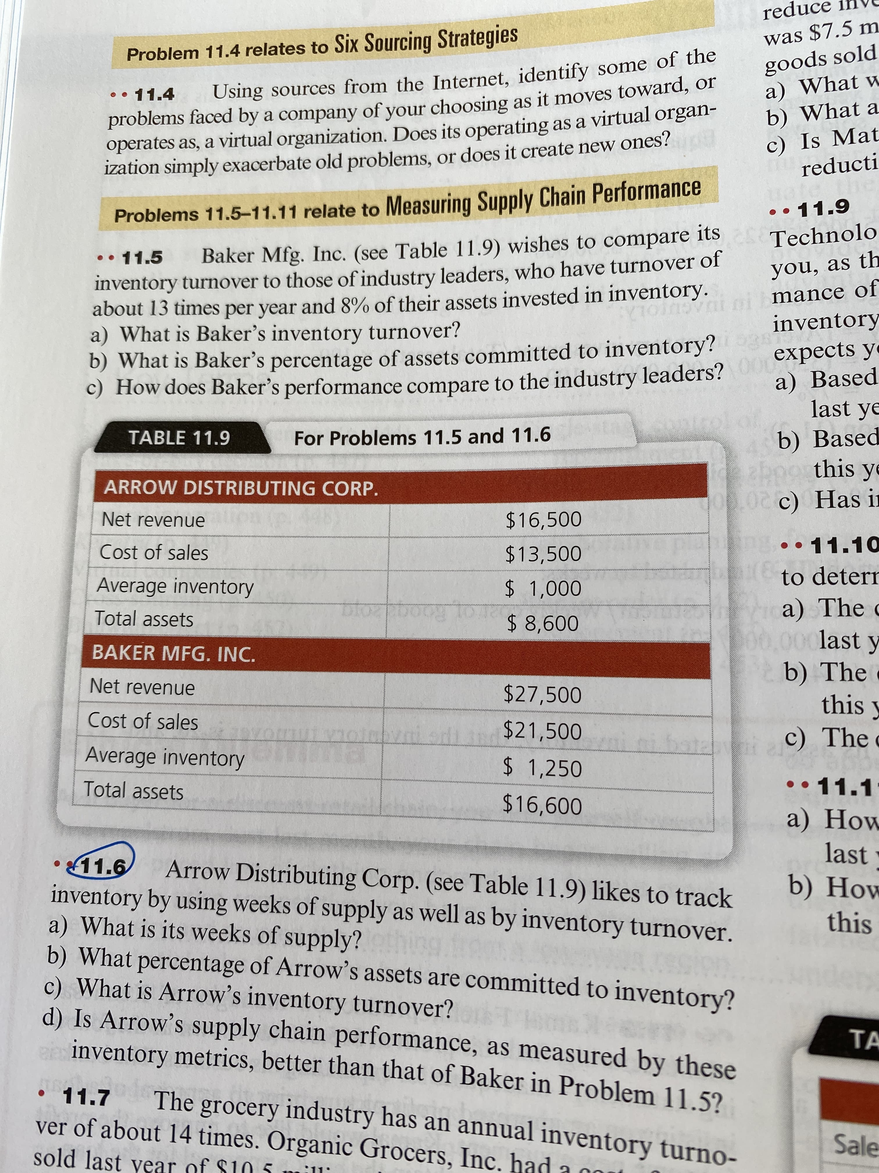 redu
was $7.5 m
Problem 11.4 relates to Six Sourcing Strategies
Using sources from the Internet, identify some of the
problems faced by a company of your choosing as it moves toward, or
operates as, a virtual organization. Does its operating as a virtual organ-
ization simply exacerbate old problems, or does it create new ones?
goods sold
a) What w
b) What a
c) Is Mat
reducti
•• 11.4
Problems 11.5-11.11 relate to Measuring Supply Chain Performance
•• 11.9
Technolo
.• 11.5
Baker Mfg. Inc. (see Table 11.9) wishes to compare its
inventory turnover to those of industry leaders, who have turnover of
about 13 times per year and 8% of their assets invested in inventory.
a) What is Baker's inventory turnover?
you, as th
mance of
b) What is Baker's percentage of assets committed to inventory?
c) How does Baker's performance compare to the industry leaders?
100
last ye
inventory
expects y
a) Based
b) Based
this ye
TABLE 11.9
For Problems 11.5 and 11.6
ARROW DISTRIBUTING CORP.
o0.02 c) Has in
Net revenue
$16,500
ng.. 11.10
to deterr
Cost of sales
$13,500
Average inventory
000
btop 0 $ 8,600
a) The c
last y
Total assets
BAKER MFG. INC.
b) The c
this y
Net revenue
$27,500
Cost of sales
$21,500
c) The c
Average inventory
$ 1,250
• • 11.1
a) How
last ▪
b) How
Total assets
•11.6
inventory by using weeks of supply as well as by inventory turnover.
a) What is its weeks of supply?
b) What percentage of Arrow's assets are committed to inventory?
c) What is Arrow's inventory turnover?
d) Is Arrow's supply chain performance, as measured by these
inventory metrics, better than that of Baker in Problem 11.5?
Arrow Distributing Corp. (see Table 11.9) likes to track
this
TA
• 11.7
ver of about 14 times. Organic Grocers, Inc. had a o
The grocery industry has an annual inventory turno-
sold last vear of $10 5
Sale
:11:
