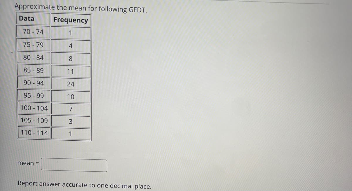 Approximate the mean for following GFDT.
Data
Frequency
70 -74
1
75 - 79
4
80 - 84
8
85 - 89
11
90 - 94
24
95 -99
10
100 104
105 109
3.
110 114
1
mean =
Report answer accurate to one decimal place.
