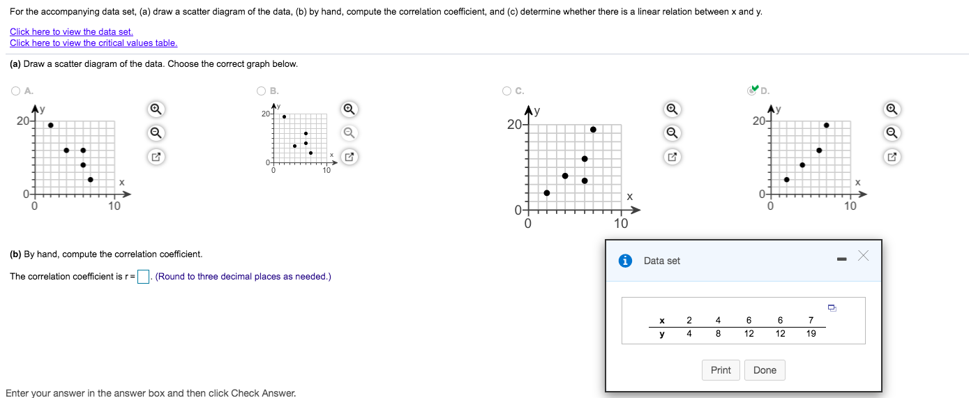 (a) Draw a scatter diagram of the data. Choose the correct graph below.
OA.
OB.
Oc.
D.
Ay
20-
14
20-
20-
04
X
10
10
10
(b) By hand, compute the correlation coefficient.
Data set
The correlation coefficient is r= . (Round to three decimal places as needed.)
2
4
6
6
7
8
12
12
19
Print
Done
