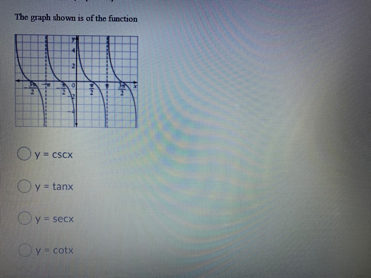 The graph shown is of the function
4
言
32
Oy= cscx
Oy= tanx
Oy = secx
Oy= cotx
