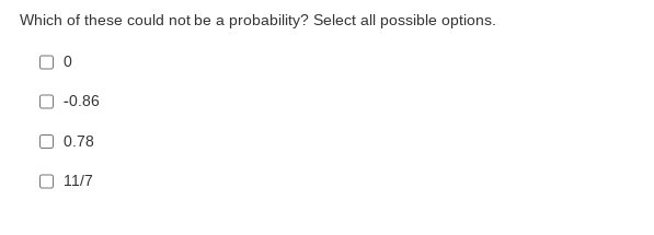 Which of these could not be a probability? Select all possible options.
0
-0.86
0.78
11/7