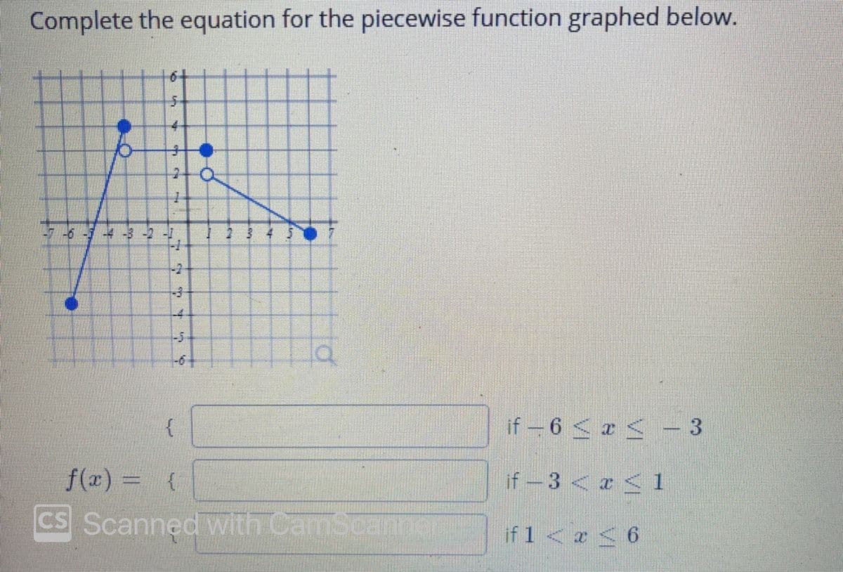 Complete the equation for the piecewise function graphed below.
子
2 3
-2
if -6 <e < - 3
f(x) = (
if-3 < x < 1
CS Scanned with CamScant
if 1 < x < 6
