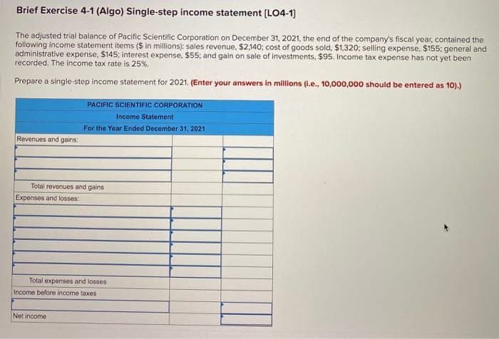 Brief Exercise 4-1 (Algo) Single-step income statement [LO4-1]
The adjusted trial balance of Pacific Scientific Corporation on December 31, 2021, the end of the company's fiscal year, contained the
following income statement items ($ in millions): sales revenue, $2,140; cost of goods sold, $1,320; selling expense, $155; general and
administrative expense, $145; interest expense, $55; and gain on sale of investments, $95. Income tax expense has not yet been
recorded. The income tax rate is 25%.
Prepare a single-step income statement for 2021. (Enter your answers in millions (i.e., 10,000,000 should be entered as 10).)
Revenues and gains:
PACIFIC SCIENTIFIC CORPORATION
Income Statement
For the Year Ended December 31, 2021
Total revenues and gains
Expenses and losses:
Total expenses and losses
Income before income taxes
Net income