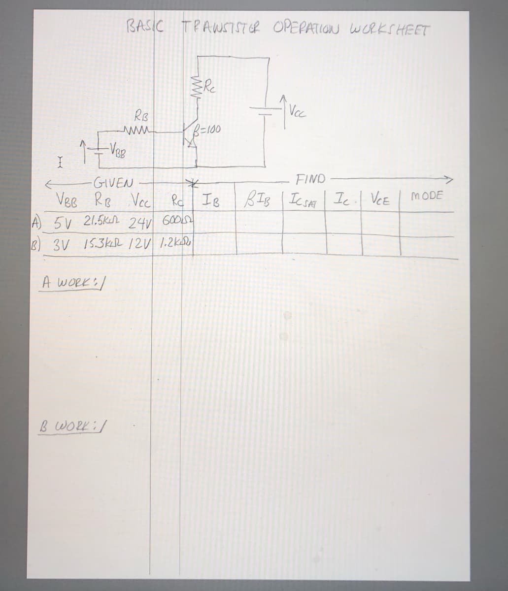 BASIC TRAWSIST ER OPEPATIONu WCRKS HEET
RB
Vcc
ー100
-Veg
-GIVEN
FIND
Vee RB Vec
BIB | Ic sAr Ic| VCE
MODE
Rc IB
A 5V 21.5K 24v 600
3) 3V 1S.3kr 12U 1.2k
A WORK:/
B WORK:/
