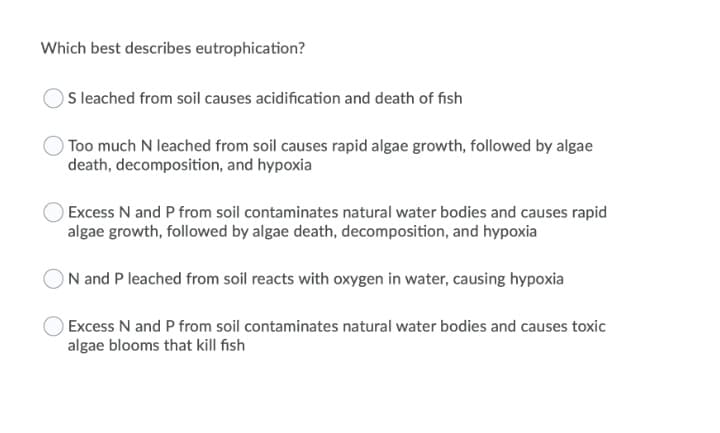 Which best describes eutrophication?
S leached from soil causes acidification and death of fish
Too much N leached from soil causes rapid algae growth, followed by algae
death, decomposition, and hypoxia
Excess N and P from soil contaminates natural water bodies and causes rapid
algae growth, followed by algae death, decomposition, and hypoxia
ON and P leached from soil reacts with oxygen in water, causing hypoxia
Excess N and P from soil contaminates natural water bodies and causes toxic
algae blooms that kill fish
