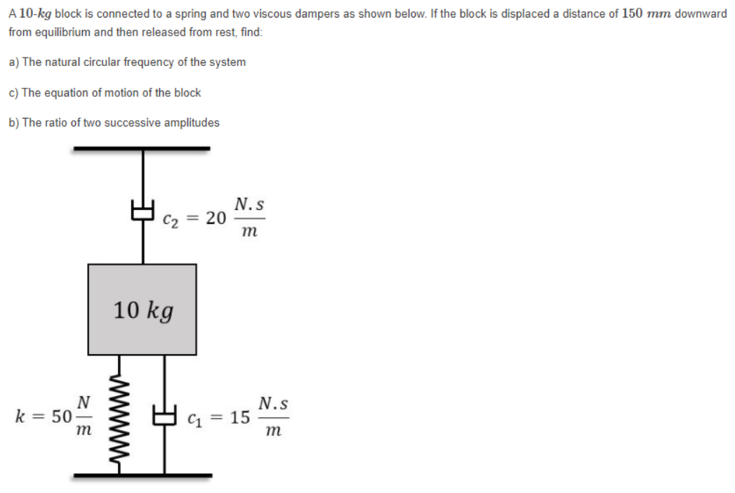 A 10-kg block is connected to a spring and two viscous dampers as shown below. If the block is displaced a distance
150 mm downward
from equilibrium and then released from rest, find:
a) The natural circular frequency of the system
c) The equation of motion of the block
b) The ratio of two successive amplitudes
N.s
C2 = 20
m
10 kg
N
k = 50
m
N.s
C1 = 15
m
wwww-
