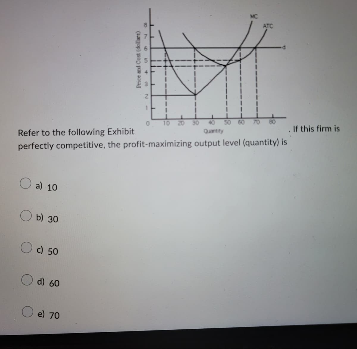 ATC
2.
3D
40
50
60
70
80
10 20
30
.If this firm is
Qantity
Refer to the following Exhibit
perfectly competitive, the profit-maximizing output level (quantity) is
O a) 10
O b) 30
Oc) 50
d) 60
e) 70
Price and Cost (dollars)

