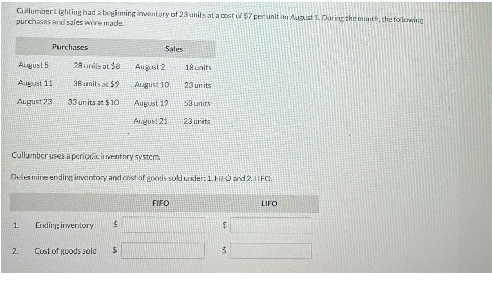 Cullumber Lighting had a beginning inventory of 23 units at a cost of $7 per unit on August 1. During the month, the following
purchases and sales were made.
Purchases
Sales
August 5
28 units at $8
August 2
18 units
August 11
38 units at $9
August 10
23 units
August 23
33 units at $10
August 19
53 units
August 21
23 units
Cullumber uses a periodic inventory system.
Determine ending inventory and cost of goods sold under: 1. FIFO and 2. LIFO.
FIFO
1.
Ending inventory
$
2.
Cost of goods sold
$
$
$
LIFO