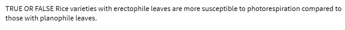TRUE OR FALSE Rice varieties with erectophile leaves are more susceptible to photorespiration compared to
those with planophile leaves.