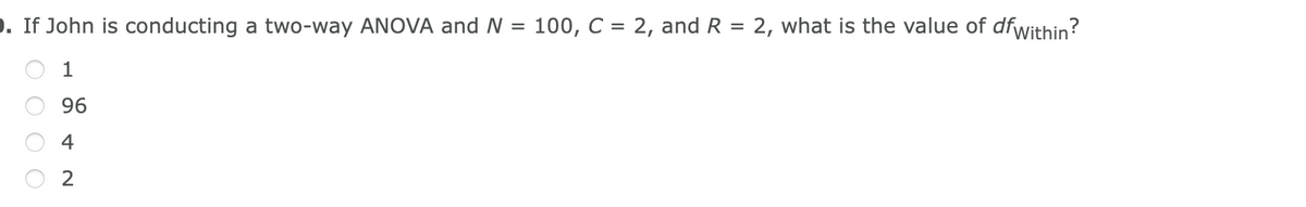 . If John is conducting a two-way ANOVA and N = 100, C = 2, and R = 2, what is the value of dfWithin?
0 0 0 0
1
96
4
2