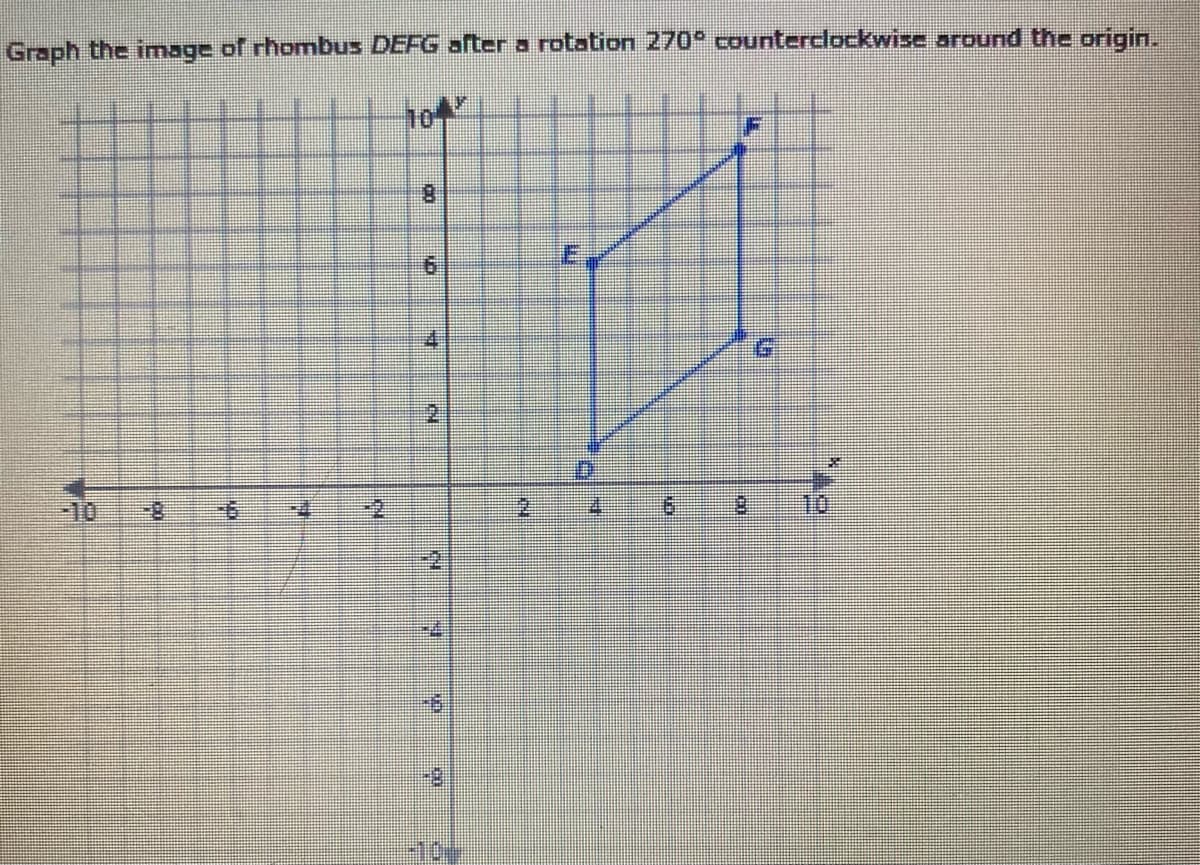 Graph the image of rhombus DEFG after a rotation 270° counterclockwise around the origin.
t04
8.
E.
4.
2.
-10
10
2.
