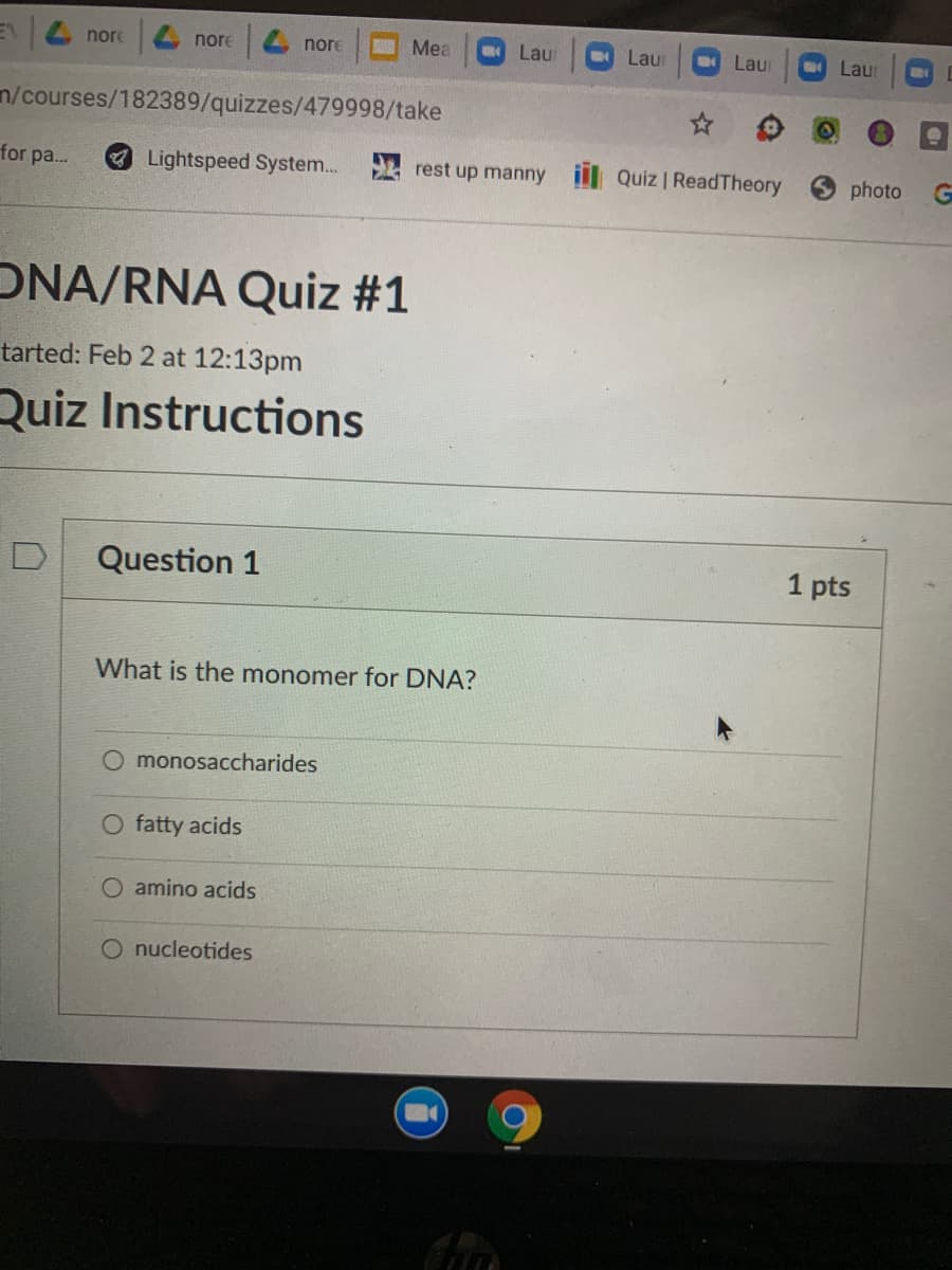 E 4 nore
4 nore
nore
Mea
Lau
Lau
Lau
Laur
n/courses/182389/quizzes/479998/take
for pa..
Lightspeed System.. rest up manny il Quiz | ReadTheory
photo
ONA/RNA Quiz #1
tarted: Feb 2 at 12:13pm
Quiz Instructions
Question 1
1 pts
What is the monomer for DNA?
O monosaccharides
O fatty acids
O amino acids
nucleotides
