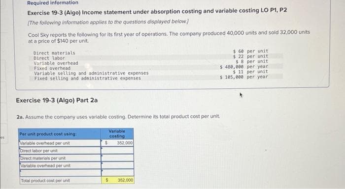 es
Required information
Exercise 19-3 (Algo) Income statement under absorption costing and variable costing LO P1, P2
[The following information applies to the questions displayed below.]
Cool Sky reports the following for its first year of operations. The company produced 40,000 units and sold 32,000 units
at a price of $140 per unit.
Direct materials
Direct labor
Variable overhead
Fixed overhead
Variable selling and administrative expenses
Fixed selling and administrative expenses
Exercise 19-3 (Algo) Part 2a
2a. Assume the company uses variable costing. Determine its total product cost per unit.
Variable
costing
$ 352,000
Per unit product cost using:
Variable overhead per unit
Direct labor per unit
Direct materials per unit
Variable overhead per unit
Total product cost per unit
$ 60 per unit
$ 22 per unit
$ 8 per unit
480,000 per year
$
$ 11 per unit
$ 105,000 per year
$ 352,000