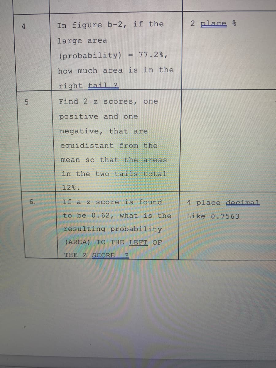 4
In figure b-2, if the
2 place %
large area
(probability)
= 77.2%,
how much area is in the
right tail ?
5.
Find 2 z Scores,
one
positive and one
negative, that are
equidistant from the
mean so that the areas
in the two tails total
12%.
6.
If a z score i s found
4 place decimal.
to be 0.62, what is the
Like 0.7563
resulting probability
(AREA) TO THE LEFT OF
THE Z SCORE.
