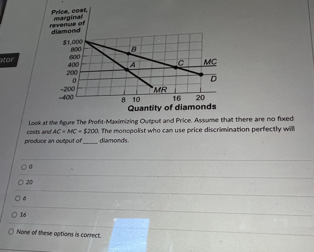 Price, cost,
marginal
revenue of
diamond
$1,000
800
ator
600
400
MC
200
-200
MR
-400
20
8 10
Quantity of diamonds
16
Look at the figure The Profit-Maximizing Output and Price. Assume that there are no fixed
costs and AC = MC = $200. The monopolist who can use price discrimination perfectly will
produce an output of
%3D
%3D
diamonds.
O 20
0 6
О 16
O None of these options is correct.
