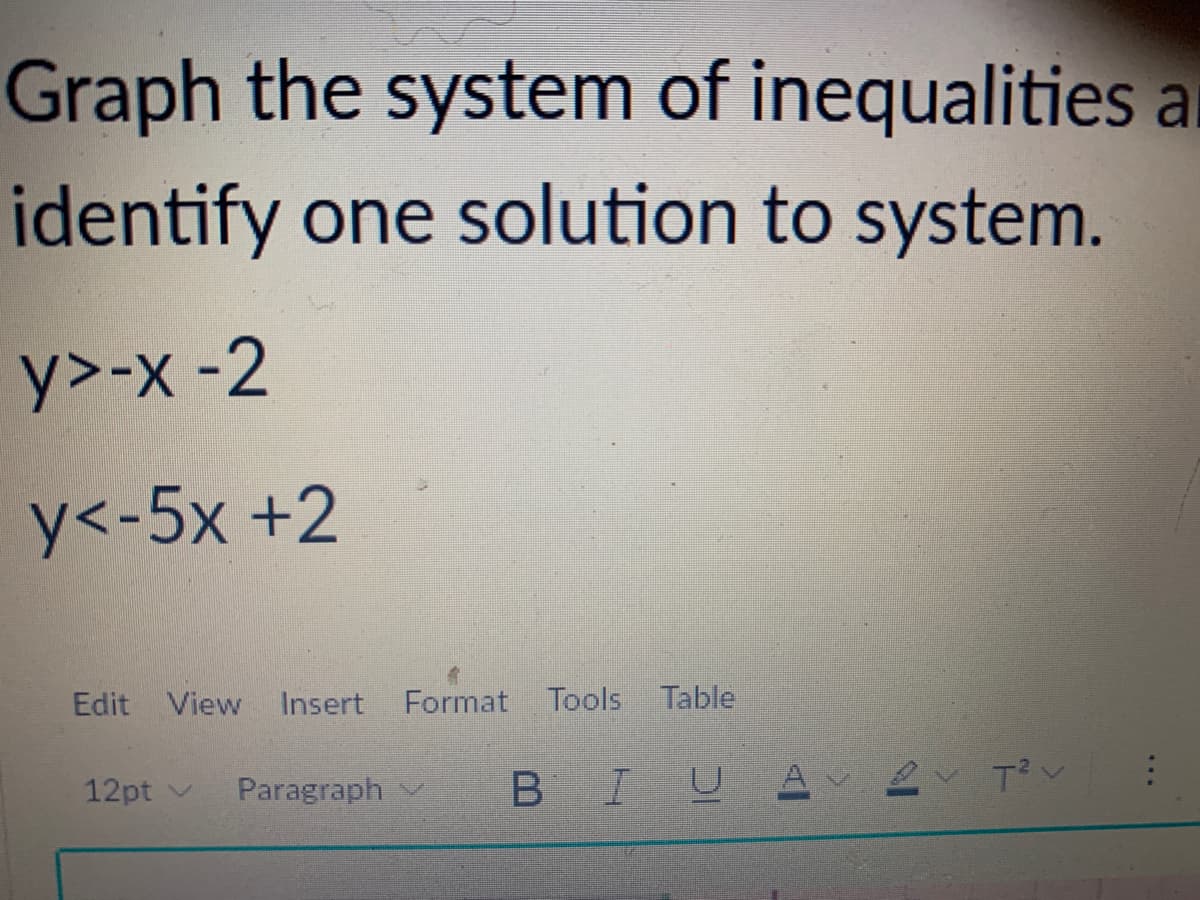 Graph the system of inequalities a
identify one solution to system.
y>-x-2
y<-5x +2
Edit View
Insert Format Tools
Table
12pt v
Paragraph v
I U
...
