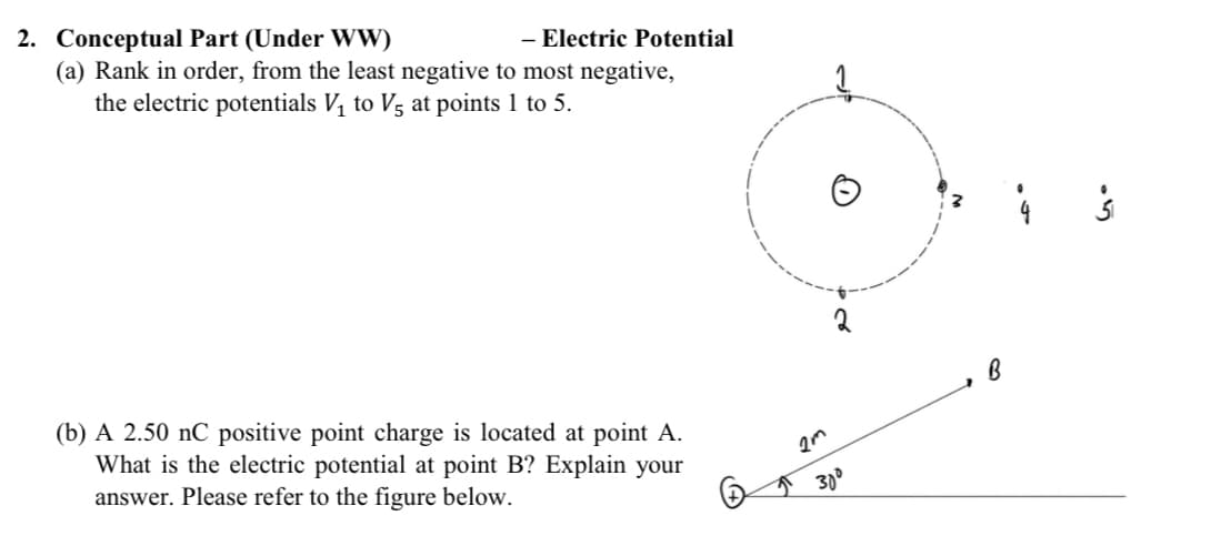 2. Conceptual Part (Under WW)
- Electric Potential
(a) Rank in order, from the least negative to most negative,
the electric potentials V₁ to V5 at points 1 to 5.
(b) A 2.50 nC positive point charge is located at point A.
What is the electric potential at point B? Explain your
answer. Please refer to the figure below.
2
2m
30⁰
4
s