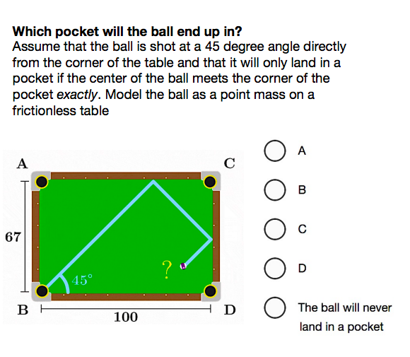 Which pocket will the ball end up in?
Assume that the ball is shot at a 45 degree angle directly
from the corner of the table and that it will only land in a
pocket if the center of the ball meets the corner of the
pocket exactly. Model the ball as a point mass on a
frictionless table
A
67
BH
45°
100
?'
C
HD
A
B
O C
The ball will never
land in a pocket