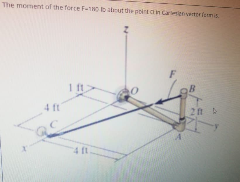 The moment of the force F=180-lb about the point O in Cartesian vector form is.
F
1 ft
4 ft
2 ft A
4 ft
