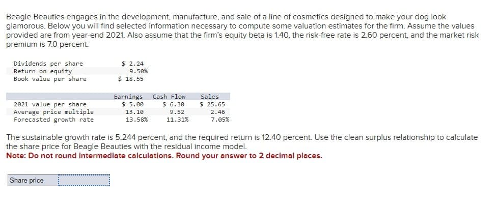 Beagle Beauties engages in the development, manufacture, and sale of a line of cosmetics designed to make your dog look
glamorous. Below you will find selected information necessary to compute some valuation estimates for the firm. Assume the values
provided are from year-end 2021. Also assume that the firm's equity beta is 1.40, the risk-free rate is 2.60 percent, and the market risk
premium is 7.0 percent.
Dividends per share
Return on equity
Book value per share
$ 2.24
9.50%
2021 value per share
Average price multiple
Forecasted growth rate
$ 18.55
Earnings
$ 5.00
13.10
13.58%
Cash Flow
Sales
$ 25.65
$ 6.30
9.52
11.31%
2.46
7.05%
The sustainable growth rate is 5.244 percent, and the required return is 12.40 percent. Use the clean surplus relationship to calculate
the share price for Beagle Beauties with the residual income model.
Note: Do not round intermediate calculations. Round your answer to 2 decimal places.
Share price