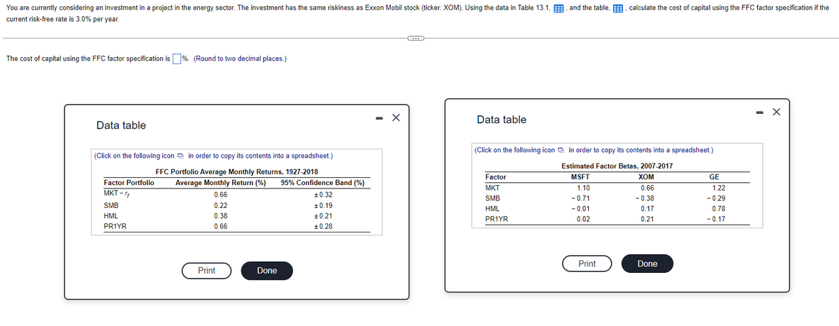 You are currently considering an investment in a project in the energy sector. The investment has the same riskiness as Exxon Mobil stock (ticker: XOM). Using the data in Table 13.1,
current risk-free rate is 3.0% per year.
The cost of capital using the FFC factor specification is %. (Round to two decimal places.)
Data table
(Click on the following icon in order to copy its contents into a spreadsheet.)
FFC Portfolio Average Monthly Returns, 1927-2018
Factor Portfolio
MKT-
SMB
HML
PR1YR
Average Monthly Return (%) 95% Confidence Band (%)
0.66
0.22
0.38
0.66
Print
Done
+0.32
±0.19
±0.21
+0.28
-
X
C
Data table
and the table,, calculate the cost of capital using the FFC factor specification if the
(Click on the following icon in order to copy its contents into a spreadsheet.)
Estimated Factor Betas, 2007-2017
MSFT
1.10
- 0.71
-0.01
0.02
Factor
MKT
SMB
HML
PR1YR
Print
XOM
0.66
- 0.38
0.17
0.21
Done
GE
1.22
- 0.29
0.78
-0.17
X