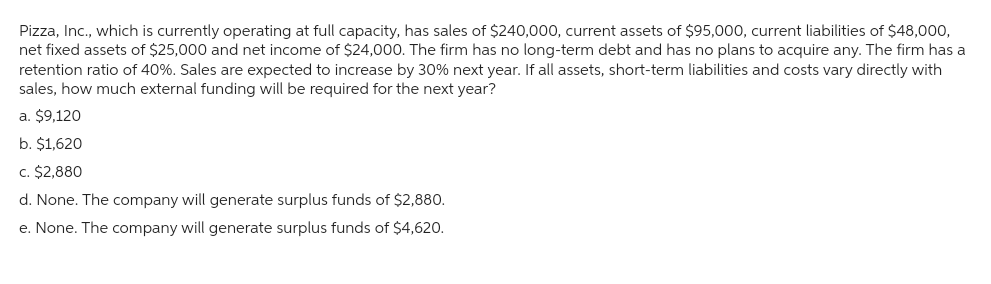 Pizza, Inc., which is currently operating at full capacity, has sales of $240,000, current assets of $95,000, current liabilities of $48,000,
net fixed assets of $25,000 and net income of $24,000. The firm has no long-term debt and has no plans to acquire any. The firm has a
retention ratio of 40%. Sales are expected to increase by 30% next year. If all assets, short-term liabilities and costs vary directly with
sales, how much external funding will be required for the next year?
a. $9,120
b. $1,620
c. $2,880
d. None. The company will generate surplus funds of $2,880.
e. None. The company will generate surplus funds of $4,620.