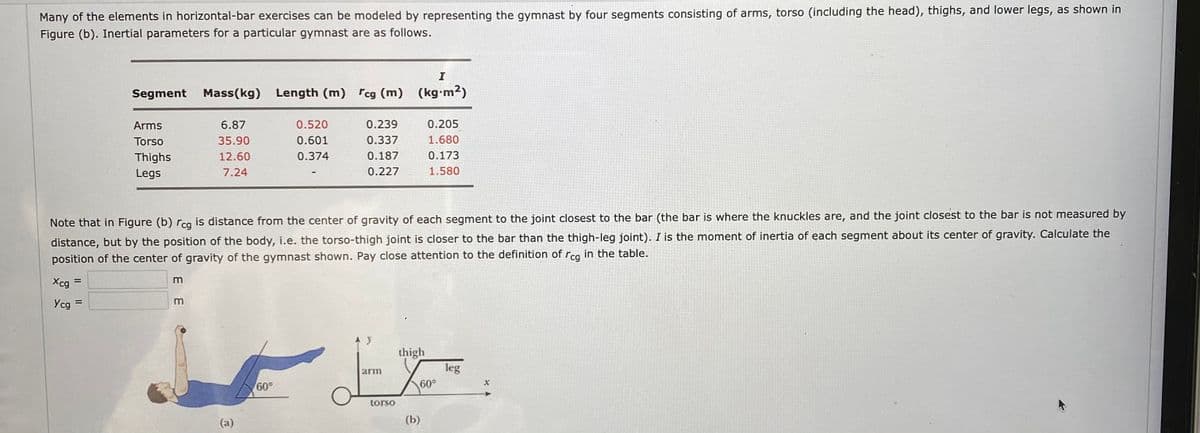 Many of the elements in horizontal-bar exercises can be modeled by representing the gymnast by four segments consisting of arms, torso (including the head), thighs, and lower legs, as shown in
Figure (b). Inertial parameters for a particular gymnast are as follows.
Segment
Mass(kg) Length (m) rcg (m) (kg•m²)
Arms
6.87
0.520
0.239
0.205
Torso
35.90
0.601
0.337
1.680
Thighs
12.60
0.374
0.187
0.173
Legs
7.24
0.227
1.580
Note that in Figure (b) rca is distance from the center of gravity of each segment to the joint closest to the bar (the bar is where the knuckles are, and the joint closest to the bar is not measured by
distance, but by the position of the body, i.e. the torso-thigh joint is closer to the bar than the thigh-leg joint). I is the moment of inertia of each segment about its center of gravity. Calculate the
position of the center of gravity of the gymnast shown. Pay close attention to the definition of rca in the table.
Xcg =
Ycg
%3D
thigh
leg
arm
60°
60°
torso
(a)
(b)
