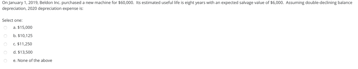 On January 1, 2019, Beldon Inc. purchased a new machine for $60,000. Its estimated useful life is eight years with an expected salvage value of $6,000. Assuming double-declining balance
depreciation, 2020 depreciation expense is:
Select one:
a. $15,000
b. $10,125
c. $11,250
d. $13,500
e. None of the above
