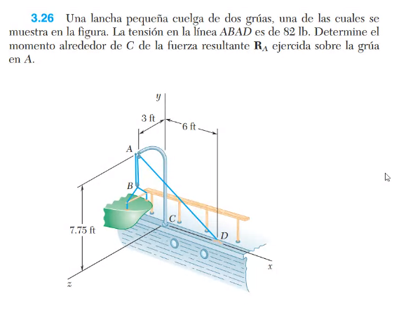 3.26 Una lancha pequeña cuelga de dos grúas, una de las cuales se
muestra en la figura. La tensión en la línea ABAD es de 82 lb. Determine el
momento alrededor de C de la fuerza resultante RA ejercida sobre la grúa
en A.
y
3 ft
y 9-
B
C.
7.75 ft
