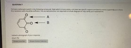 QUESTION 7
Compare carbonyls A and Bin the folowing compound. State which is more stable, and state two specfie reasons unrelated to sterics supportirg your cholce.
Cne sentence each should be sufficient. You are welcome (but not required) to include diagrams to help clarity your explanations
A
B.
Upload a photograph of your response.
Attach Rle
Browe Local les
tioute Contet Colletion
