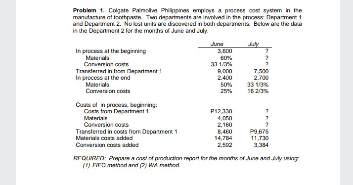 Problem 1. Colgate Palmolive Philippines employs a process cost system in the
manufacture of toothpaste. Two departments are involved in the process: Department 1
and Department 2. No lost units are discovered in both departments. Below are the data
in the Department 2 for the months of June and July:
June
3,600
July
In process at the beginning
Materials
Conversion costs
?
?
60%
33 1/3%
Transferred in from Department 1
In process at the end
Materials
Conversion costs
7,500
2,700
33 1/3%
16 2/3%
9,000
2.400
50%
25%
Costs of in process, beginning:
Costs from Department 1
Materials
Conversion costs
P12,330
?
4,050
2,160
Transferred in costs from Department 1
Materials costs added
Conversion costs added
8,460
14,784
P9,675
11,730
3,384
2,592
REQUIRED: Prepare a cost of production report for the months of June and July using:
(1) FIFO method and (2) WA method.
