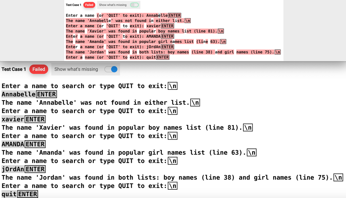 Test Case 1
Failed Show what's missing
||
Enter a name (or 'QUIT' to exit): Annabelle ENTER
The name 'Annabelle' was not found in either list.\n
Enter a name (or 'QUIT' to exit): xavier ENTER
The name 'Xavier' was found in popular boy names list (line 81).\n
Enter a name (or 'QUIT' to exit): AMANDA ENTER
The name 'Amanda' was found in popular girl names list (line 63).\n
Enter a name (or 'QUIT' to exit): j0rdAn ENTER
The name 'Jordan' was found in both lists: boy names (line 38) and girl names (line 75).\n
Enter a name (or 'QUIT' to exit): quit ENTER
Test Case 1 Failed Show what's missing
Enter a name to search or type QUIT to exit: \n
Annabelle ENTER
The name
Enter a name to search or type QUIT to exit: \n
xavier ENTER
Annabelle' was not found in either list.\n
The name 'Xavier' was found in popular boy names list (line 81).\n
QUIT to exit: \n
Enter a name to search or type
AMANDA ENTER
The name 'Amanda' was found in
Enter a name to search or type
jOrd An ENTER
popular girl names list (line 63).\n
QUIT to exit: \n
The name 'Jordan' was found in both lists: boy names (line 38) and girl names (line 75).\n
Enter a name to search or type QUIT to exit: \n
quit ENTER