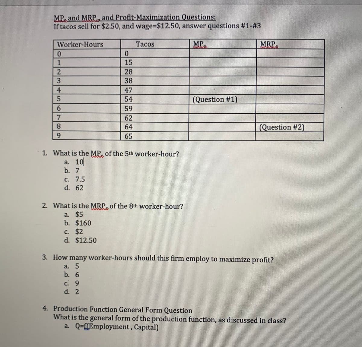 MP and MRP, and Profit-Maximization Questions:
If tacos sell for $2.50, and wage=$12.50, answer questions #1-#3
Worker-Hours
0
1
23456789
c. 7.5
d. 62
0
15
28
38
47
54
59
62
64
65
1. What is the MP of the 5th worker-hour?
a. 10
b. 7
c. $2
d. $12.50
Tacos
2. What is the MRP of the 8th worker-hour?
a. $5
b. $160
MP
(Question #1)
MRP
(Question #2)
3. How many worker-hours should this firm employ to maximize profit?
a. 5
b. 6
c. 9
d. 2
4. Production Function General Form Question
What is the general form of the production function, as discussed in class?
a. Q=f(Employment, Capital)