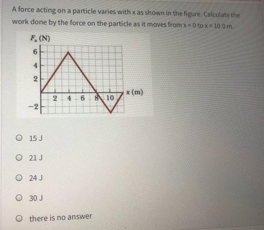 A force acting on a particle varies with x as shown in the figure. Calculate the
work done by the force on the particle as it moves from x- 0 to x 10.0 m.
F, (N)
4
2
x (m)
4
8 10
-2
O 15 J
O 21 J
O 24 J
O 30 J
O there is no answer
6.
2.
