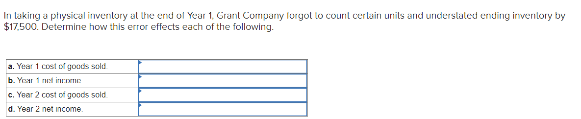 In taking a physical inventory at the end of Year 1, Grant Company forgot to count certain units and understated ending inventory by
$17,500. Determine how this error effects each of the following.
a. Year 1 cost of goods sold.
b. Year 1 net income.
c. Year 2 cost of goods sold.
d. Year 2 net income.