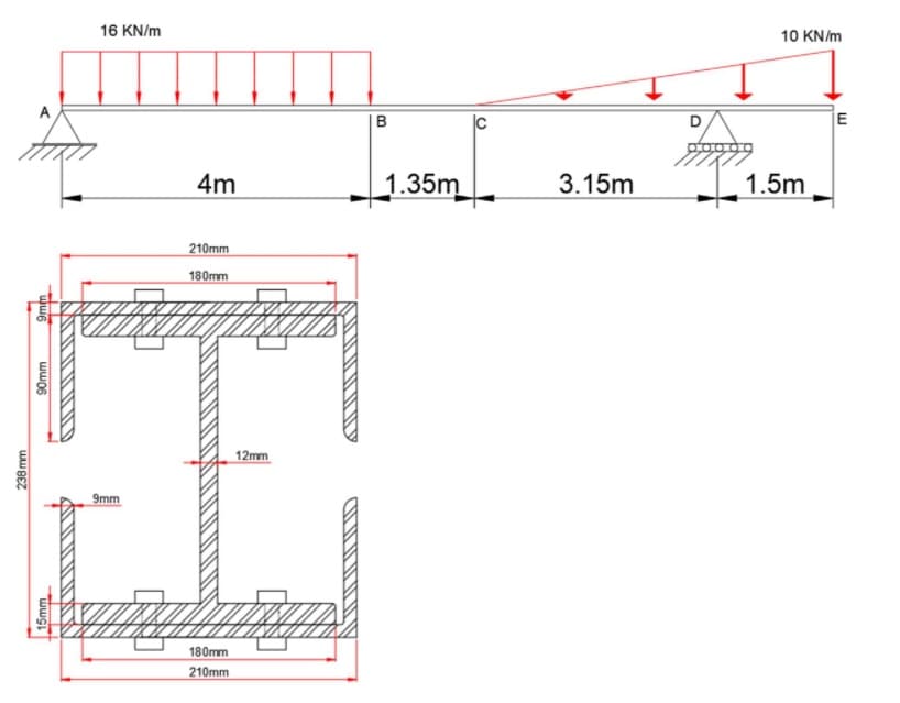 16 KN/m
10 KN/m
D
4m
1.35m
3.15m
1.5m
210mm
180mm
12mm
9mm
180mm
210mm
238 mm
15mm
90mm
9mm
B.
