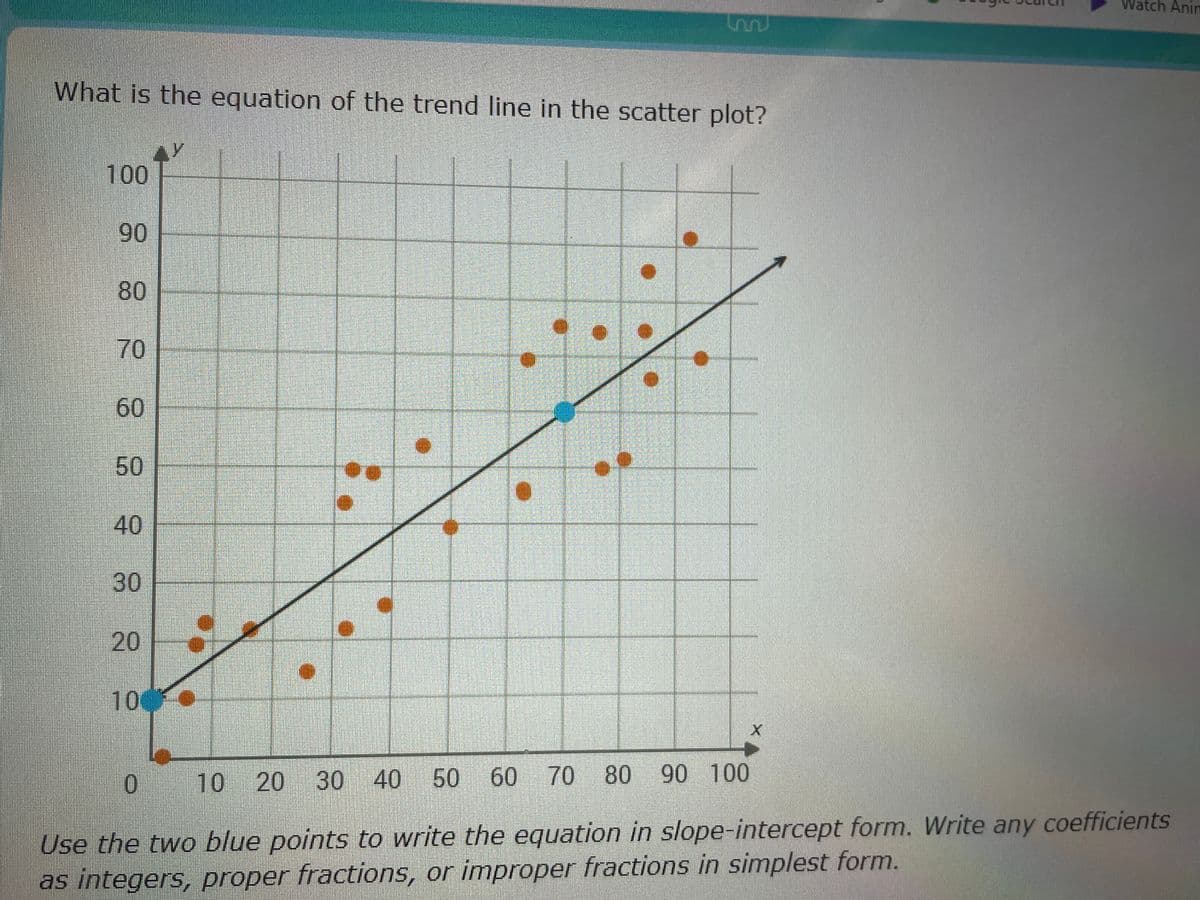 Watch Anin
What is the equation of the trend line in the scatter plot?
100
90
80
70
60
50
40
30
20
100
10e
10 20 30 40 50 60
70 80
90 100
Use the two blue points to write the equation in slope-intercept form. Write any coefficients
as integers, proper fractions, or improper fractions in simplest form.
