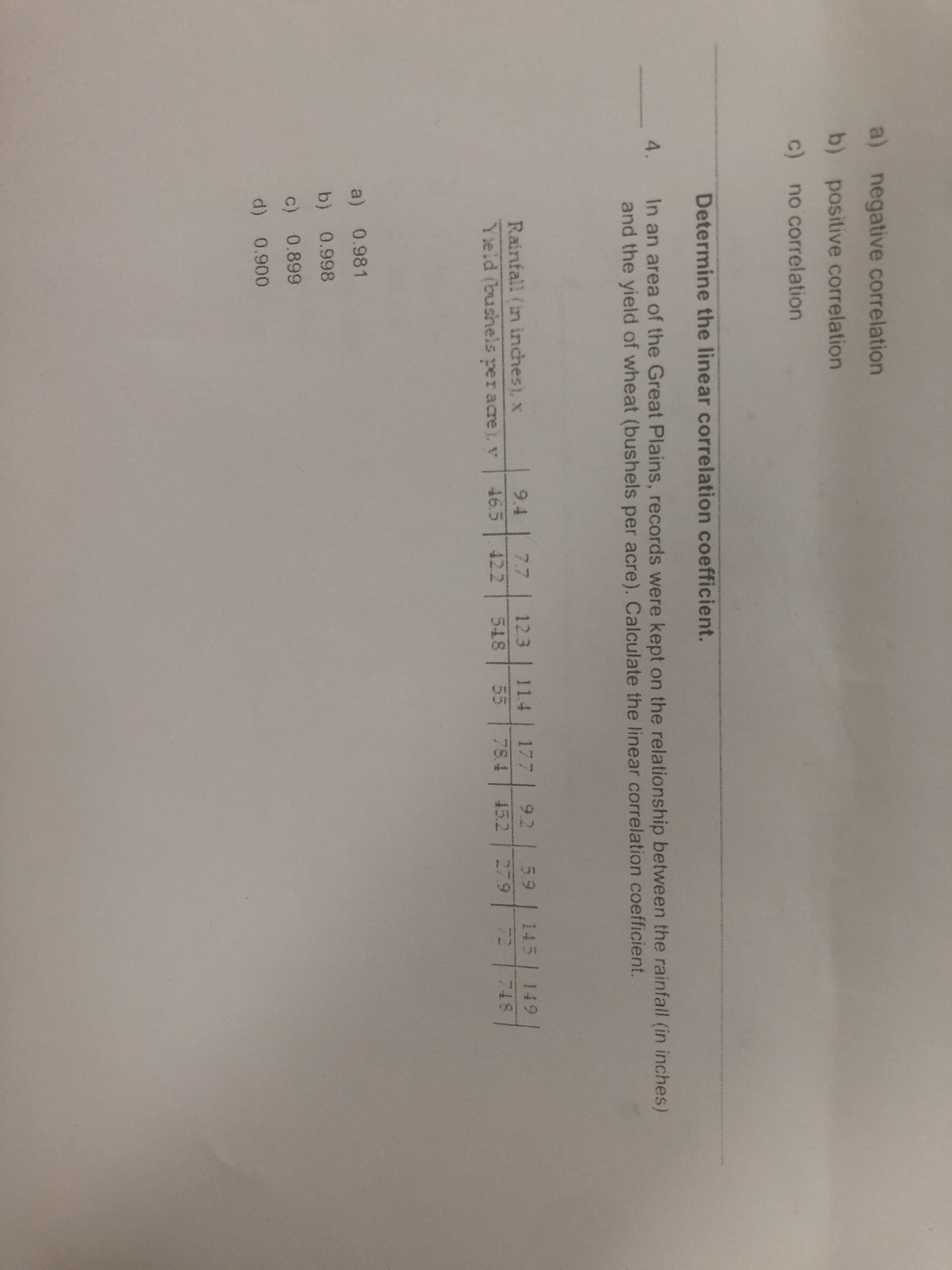 a) negative correlation
b) positive correlation
c) no correlation
Determine the linear correlation coefficient.
In an area of the Great Plains, records were kept on the relationship between the rainfall (in inches)
and the yield of wheat (bushels per acre). Calculate the linear correlation coefficient.
4.
Rainfall (in inches), x
9.4
7.7 12.3 | 11.4 | 177
9.2
59
145
149
Yeld (bushels per acre. y
46.5
42.2 548
55
78.4
45.2
27.9
72
748
a) 0.981
b) 0.998
c) 0.899
d) 0.900
