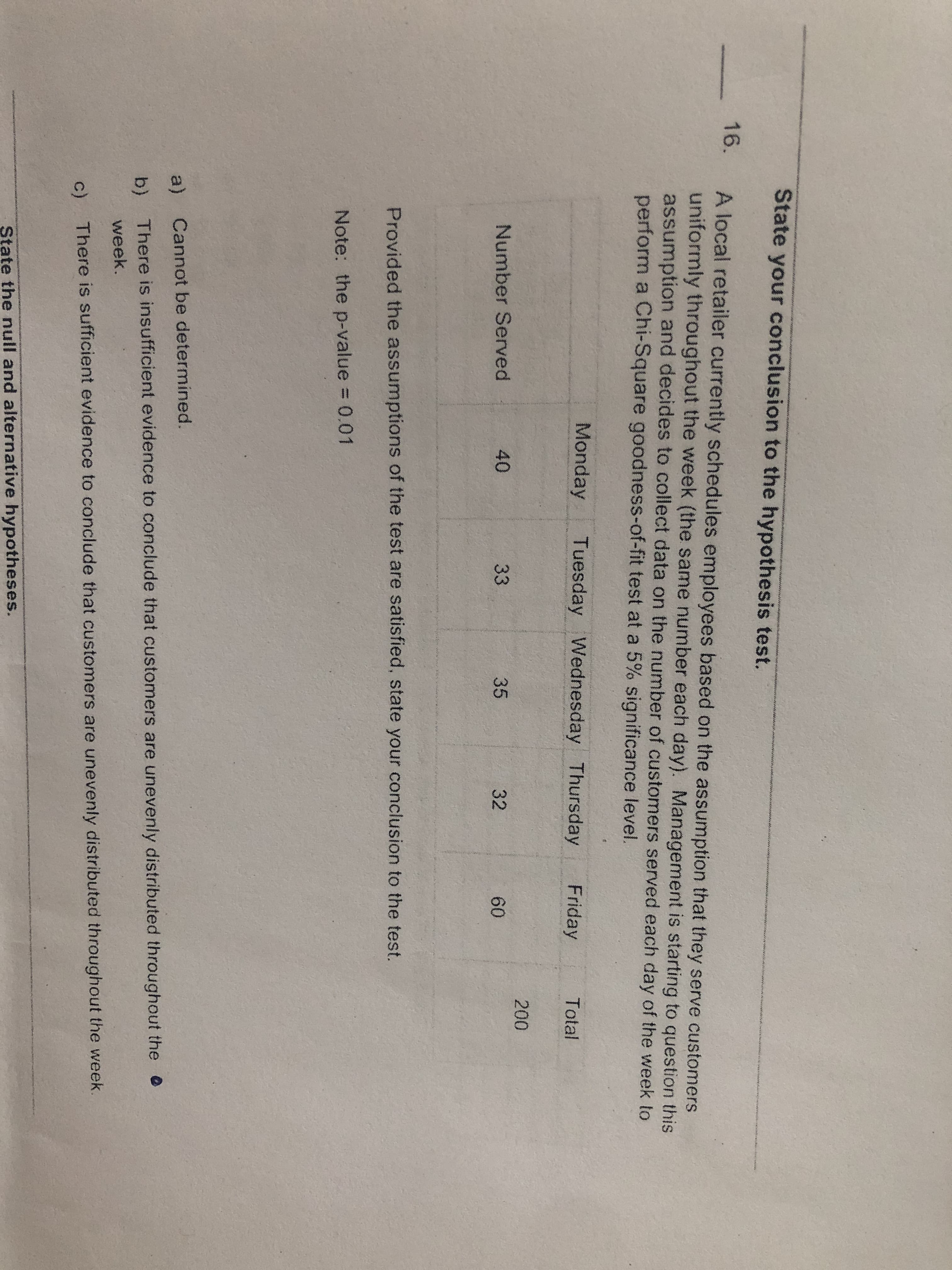 State your conclusion to the hypothesis test.
16.
A local retailer currently schedules employees based on the assumption that they serve customers
uniformly throughout the week (the same number each day). Management is starting to question this
assumption and decides to collect data on the number of customers served each day of the week to
perform a Chi-Square goodness-of-fit test at a 5% significance level.
Monday
Tuesday Wednesday Thursday
Friday
Total
200
Number Served
40
33
35
32
60
www.m
Provided the assumptions of the test are satisfied, state your conclusion to the test.
Note: the p-value 0.01
a) Cannot be determined.
b) There is insufficient evidence to conclude that customers are unevenly distributed throughout the O
week.
c) There is sufficient evidence to conclude that customers are unevenly distributed throughout the week.
State the null and alternative hypotheses.
