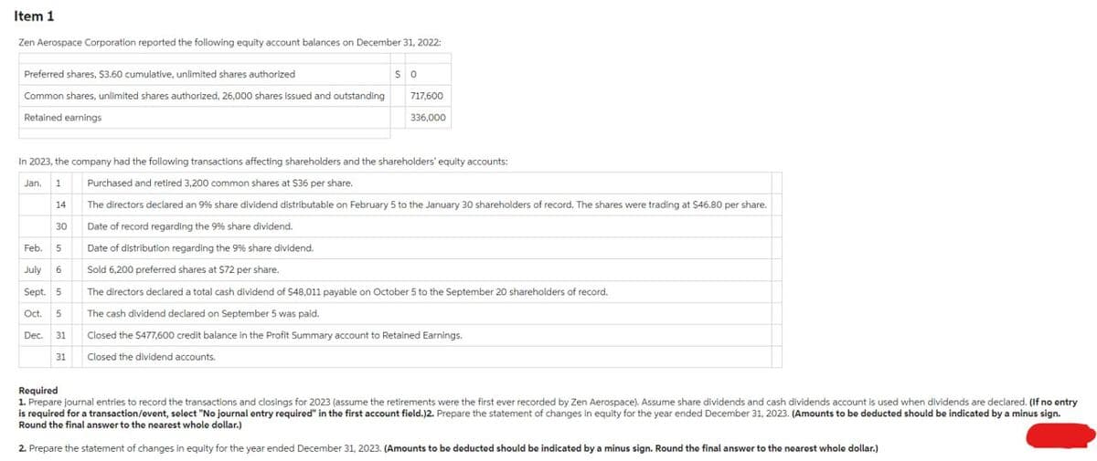 Item 1
Zen Aerospace Corporation reported the following equity account balances on December 31, 2022:
Preferred shares, $3.60 cumulative, unlimited shares authorized
Common shares, unlimited shares authorized, 26,000 shares issued and outstanding
Retained earnings
14
In 2023, the company had the following transactions affecting shareholders and the shareholders' equity accounts:
Jan. 1
Purchased and retired 3,200 common shares at $36 per share.
The directors declared an 9% share dividend distributable on February 5 to the January 30 shareholders of record. The shares were trading at $46.80 per share.
Date of record regarding the 9% share dividend.
Date of distribution regarding the 9% share dividend.
Sold 6,200 preferred shares at $72 per share.
The directors declared a total cash dividend of $48,011 payable on October 5 to the September 20 shareholders of record.
The cash dividend declared on September 5 was paid.
Closed the $477,600 credit balance in the Profit Summary account to Retained Earnings.
Closed the dividend accounts.
30
Feb.
July 6
Sept. 5
Oct. 5
Dec. 31
31
SO
5
717,600
336,000
Required
1. Prepare journal entries to record the transactions and closings for 2023 (assume the retirements were the first ever recorded by Zen Aerospace). Assume share dividends and cash dividends account is used when dividends are declared. (If no entry
is required for a transaction/event, select "No journal entry required" in the first account field.)2. Prepare the statement of changes in equity for the year ended December 31, 2023. (Amounts to be deducted should be indicated by a minus sign.
Round the final answer to the nearest whole dollar.)
2. Prepare the statement of changes in equity for the year ended December 31, 2023. (Amounts to be deducted should be indicated by a minus sign. Round the final answer to the nearest whole dollar.)