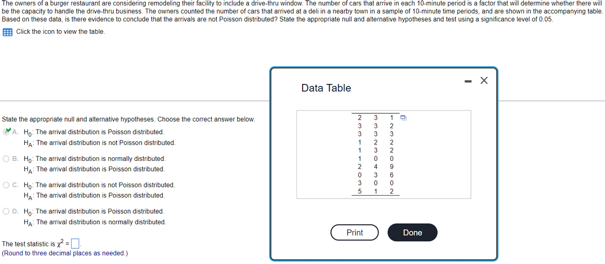 The owners of a burger restaurant are considering remodeling their facility to include a drive-thru window. The number of cars that arrive in each 10-minute period is a factor that will determine whether there will
be the capacity to handle the drive-thru business. The owners counted the number of cars that arrived at a deli in a nearby town in a sample of 10-minute time periods, and are shown in the accompanying table.
Based on these data, is there evidence to conclude that the arrivals are not Poisson distributed? State the appropriate null and alternative hypotheses and test using a significance level of 0.05.
Click the icon to view the table.
State the appropriate null and alternative hypotheses. Choose the correct answer below.
A. Ho: The arrival distribution is Poisson distributed.
HA: The arrival distribution is not Poisson distributed.
O B. Ho: The arrival distribution is normally distributed.
HA: The arrival distribution is Poisson distributed.
O C. Ho: The arrival distribution is not Poisson distributed.
HA: The arrival distribution is Poisson distributed.
O D. Ho: The arrival distribution is Poisson distributed.
HA: The arrival distribution is normally distributed.
The test statistic is x²
sx =
(Round to three decimal places as needed.)
Data Table
2
3
3
1
1
1
2
0
3
5
Print
3 1
3
3
2
3
0
4
3
0
1
2
3
2
2
0
9
6
0
2
Q
Done
-
X